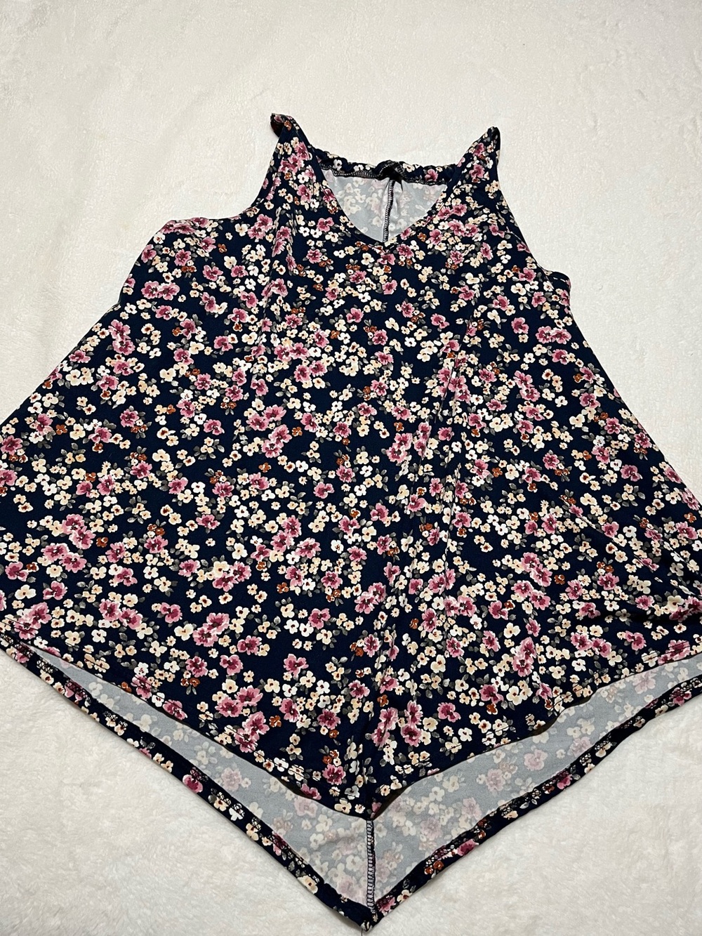 Navy Floral Tank Top with Pink Bloom Print